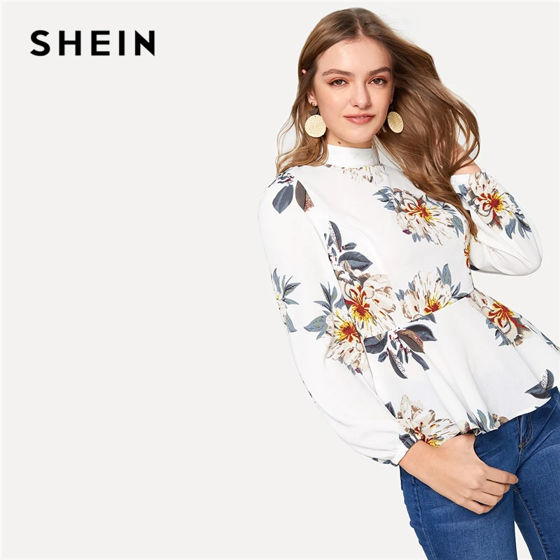 

SHEIN Elegant White Mock-neck Lantern Sleeve Zipper Back Floral Peplum Women Blouse Spring Office Lady Workwear Top Blouses