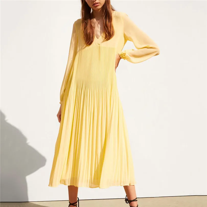 Women style yellow ankle length dress V neck long sleeve pleated chiffon 2019 casual female A line dresses vestidos
Women style yellow ankle length dress V neck long sleeve pleated chiffon 2019 casual female A line dresses vestidos