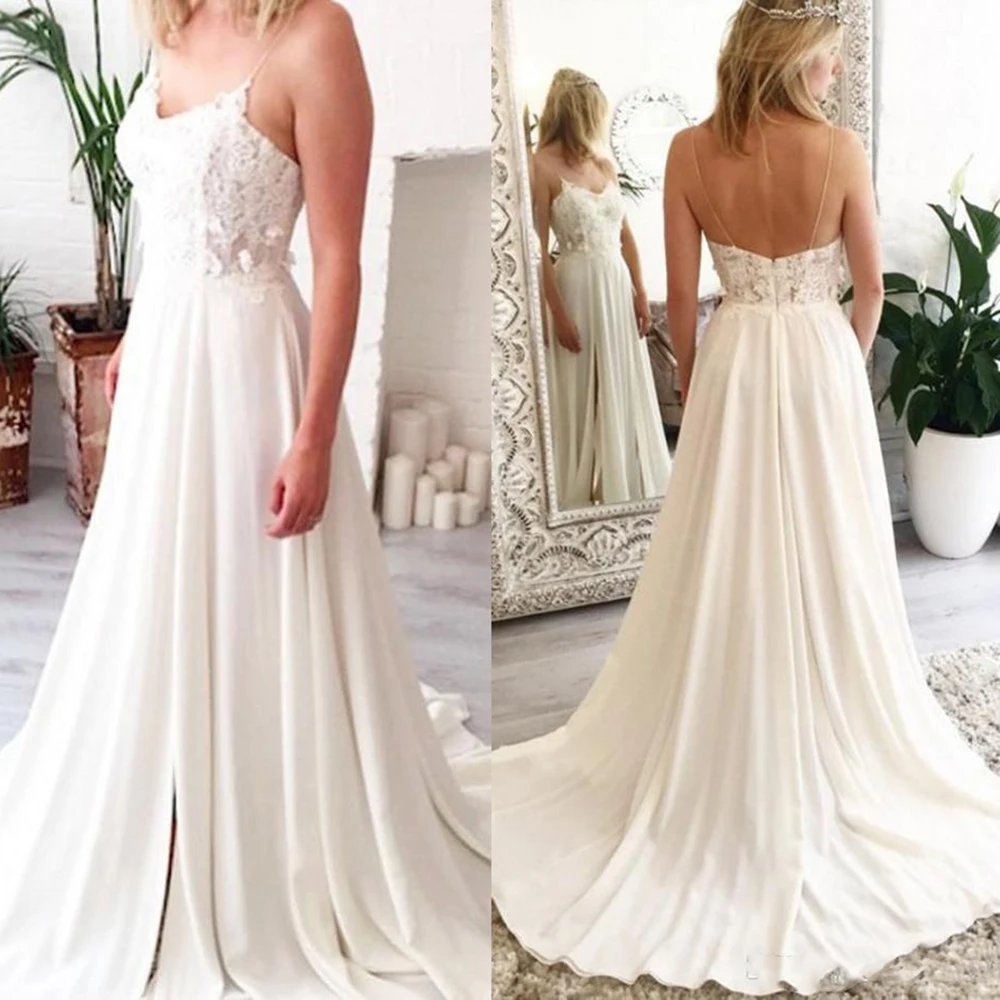 Spaghetti Straps Wedding Dress With Delicate Appliques Side Slit A-line Sexy Romantic Bridal Gown
Spaghetti Straps Wedding Dress With Delicate Appliques Side Slit A-line Sexy Romantic Bridal Gown