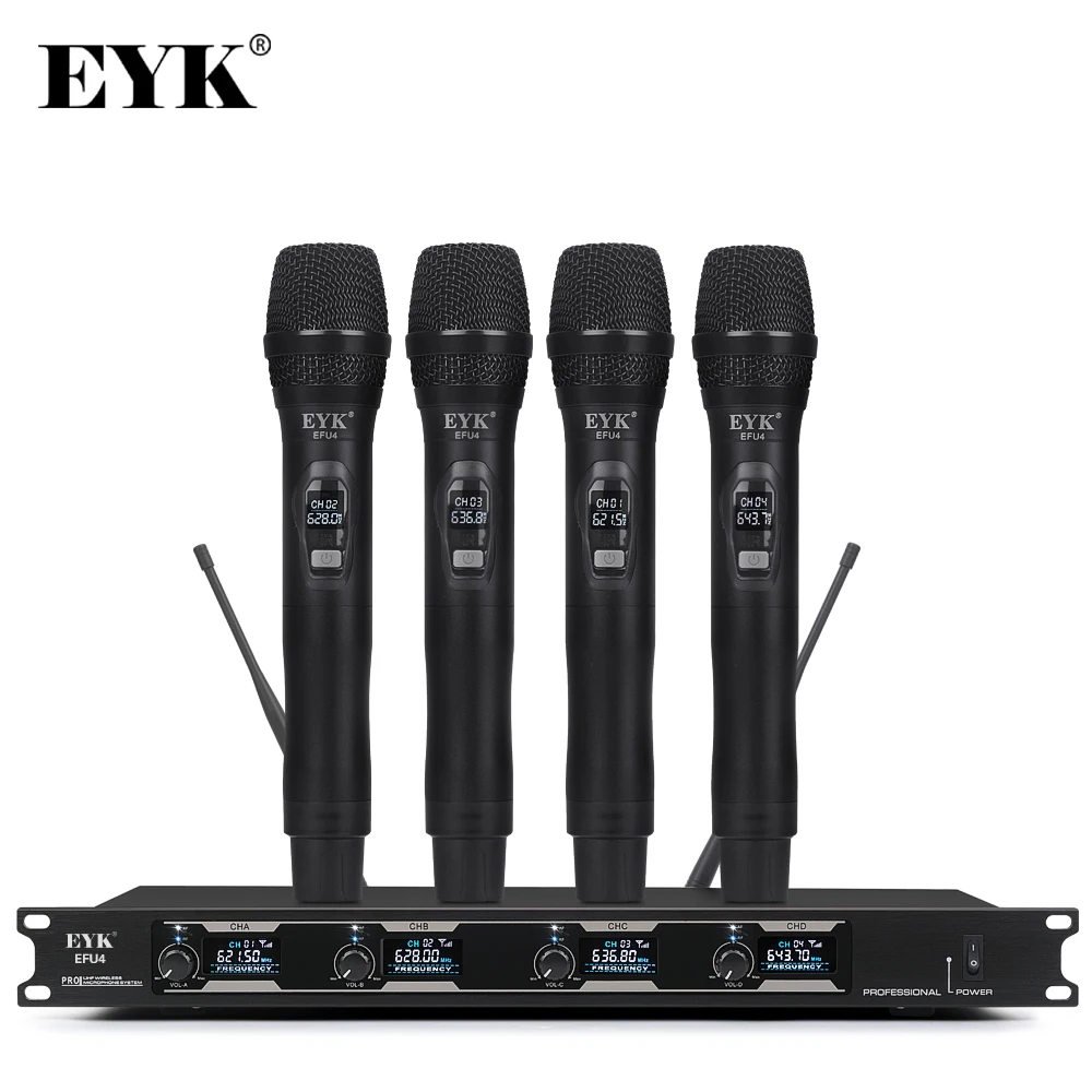 EYK EFU4 4 Channels UHF Wireless Microphone System with Metal Material Handheld Mic for Stage Church Family Party Karaoke 
EYK EFU4 4 Channels UHF Wireless Microphone System with Metal Material Handheld Mic for Stage Church Family Party Karaoke