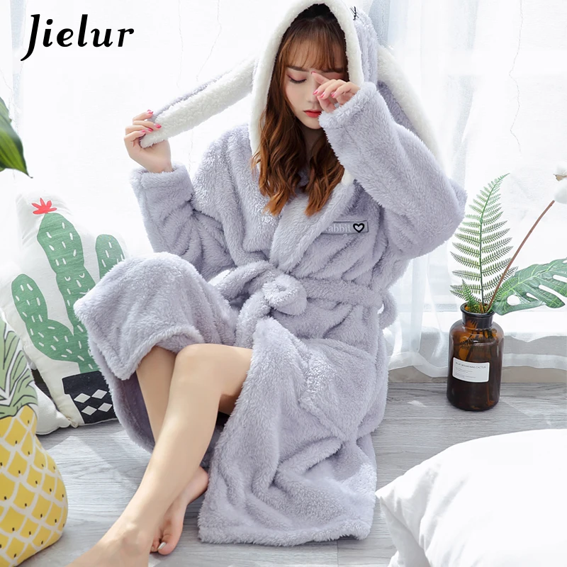 

Jielur Coral Velvet Bathrobe Women Cartoon Cute Warm Hooded Robe Ladies Casual Rabbit Flannel Kimono Bath Robes Dressing Gowns