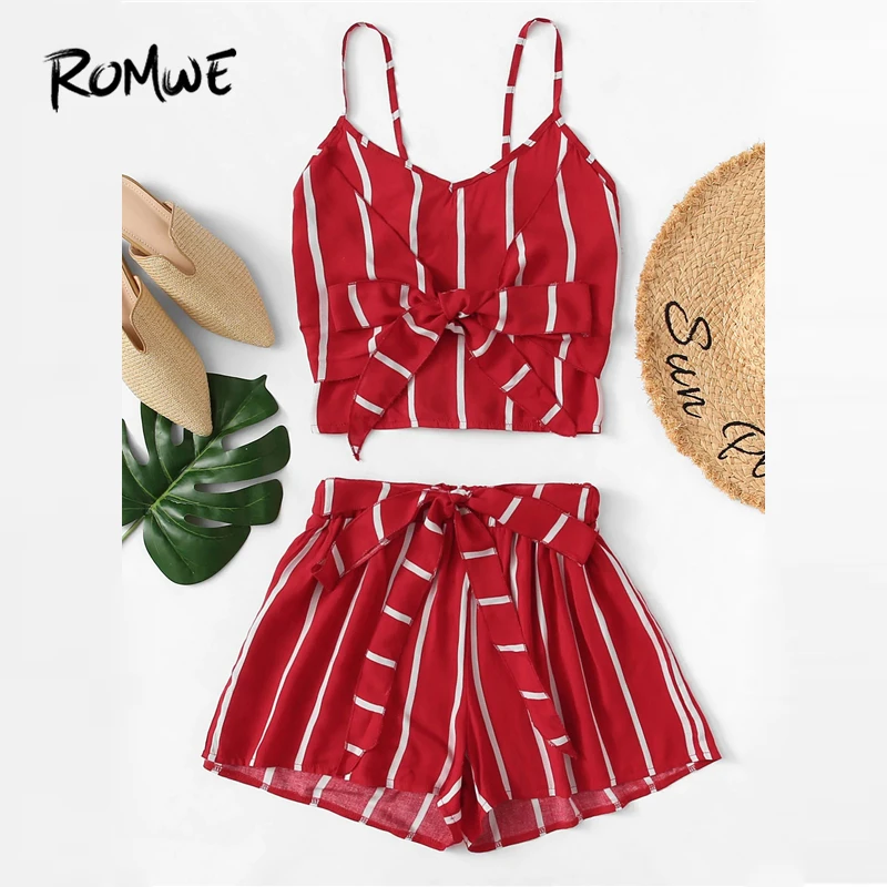 

ROMWE Knot Front Striped Cami Top With Straight Shorts Chic Summer Women Two Piece Set Red Sleeveless Spaghetti Strap Sets