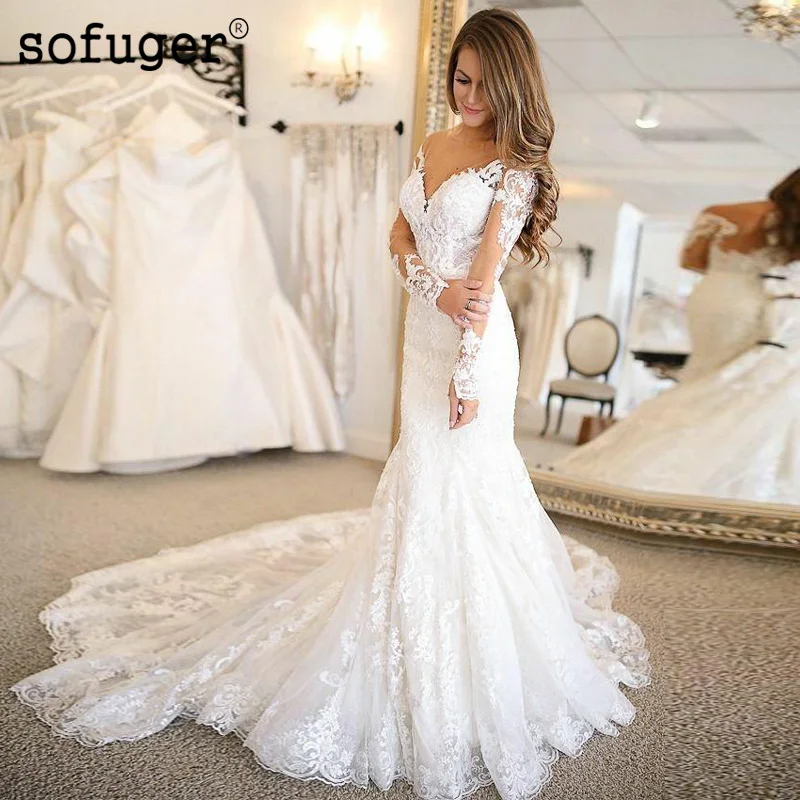 Long Sleeves Mermaid Appliques Wedding Bridal Tulle Dress Sweetheart Vestidos de Noivas Court Train White Ivory
Long Sleeves Mermaid Appliques Wedding Bridal Tulle Dress Sweetheart Vestidos de Noivas Court Train White Ivory