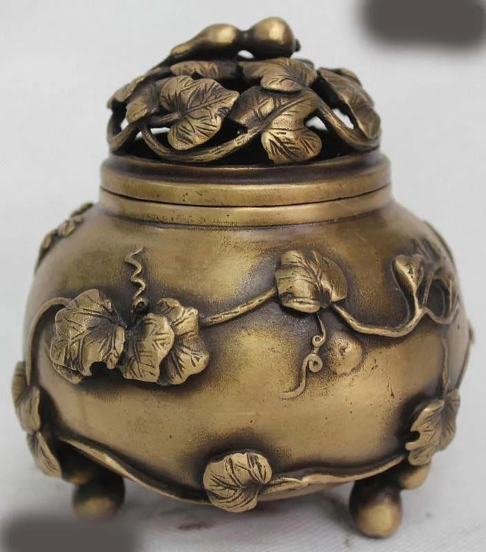 5"Chinese China Folk Bronze flower calabash Statue Incense Burner Censer