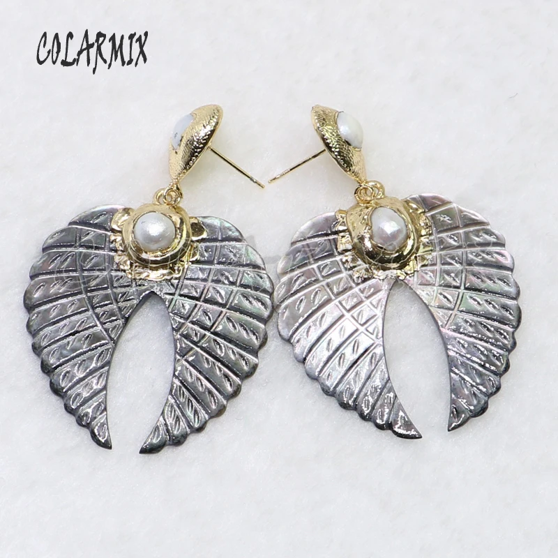 2Pairs Wing shape shell earrings gift for lady gray shells natural jewelry 9027 | Украшения и аксессуары