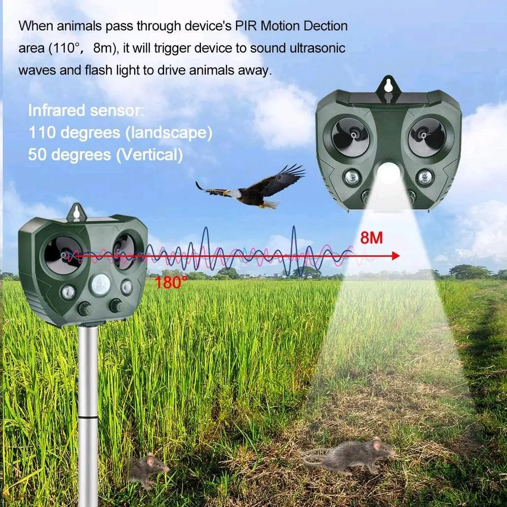 Solar Ultrasonic Animal Repeller Sensor Activated Flash LED lights and Alarm Sound with Ground Stake Waterproof Outdoor Use
Solar Ultrasonic Animal Repeller Sensor Activated Flash LED lights and Alarm Sound with Ground Stake Waterproof Outdoor Use
