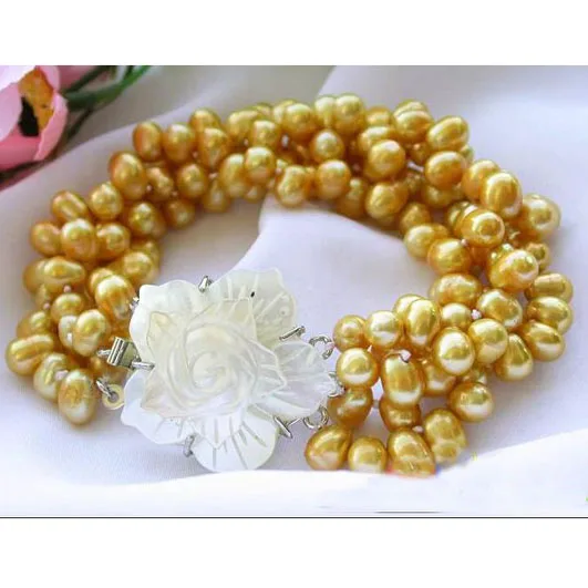 

Perfect Women Birthday,Chirstmas Gift Pearl Bracelet,4Rows 8inches Yellow AA 7MM Rice Freshwater Cultured Pearl Bracelet