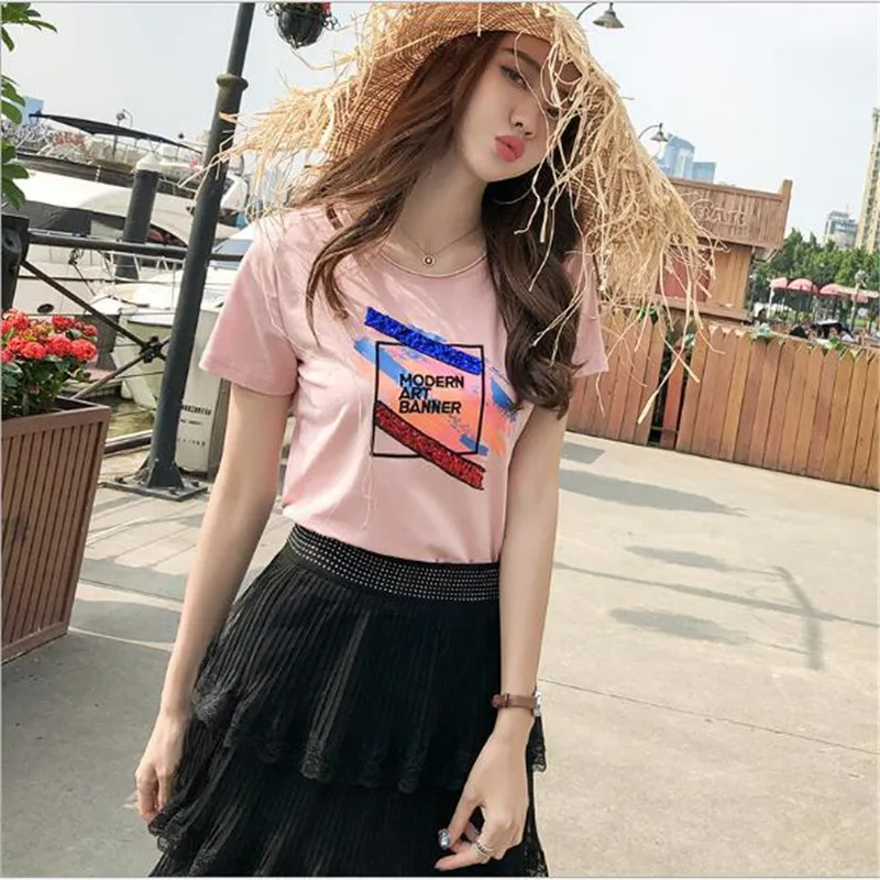 New short-sleeved t-shirt black pink white three-color female 2019 new summer charm women's Korean sequin fashion print T-shirt
New short-sleeved t-shirt black pink white three-color female 2019 new summer charm women's Korean sequin fashion print T-shirt