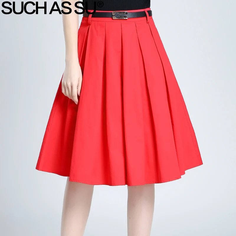 Image Skirts Womens Spring Summer 2017 New Black Red Khaki Casual High Waist Skirt Plus Size S 3XL Ladies Pleated Skirt