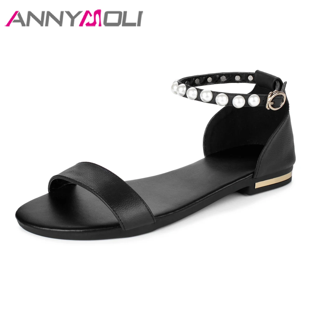 ANNYMOLI Summer Shoes Original Leather Flat Black Sandals Women Ankle Strap Pearls Shoes ladies Flat Beach Sandals Big Size 43
ANNYMOLI Summer Shoes Original Leather Flat Black Sandals Women Ankle Strap Pearls Shoes ladies Flat Beach Sandals Big Size 43