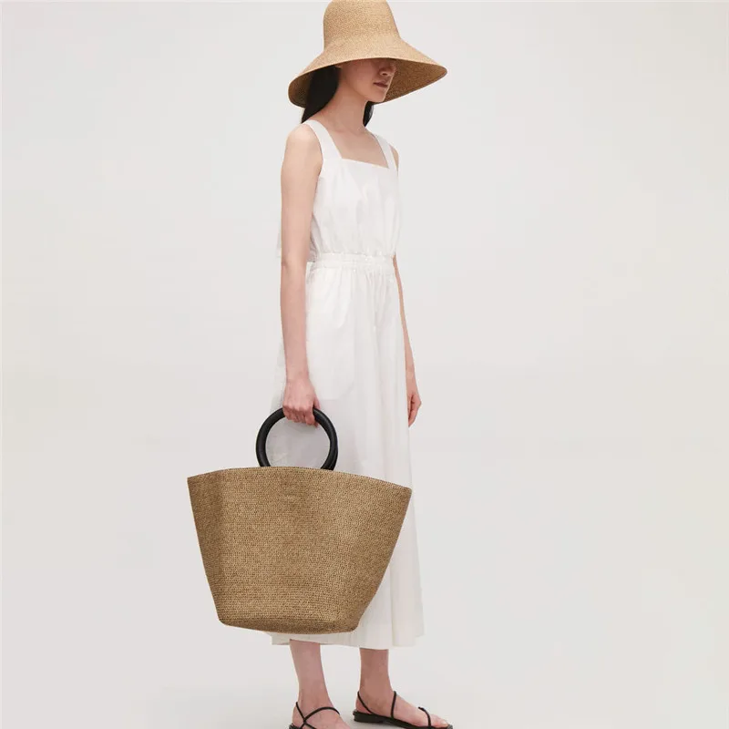 

NEW Straw Handbag Wooden Handle Large Capacity Paper Rope Woven Straw Bag 2019 New Fashion Summer Vacation Travel Beach Bag