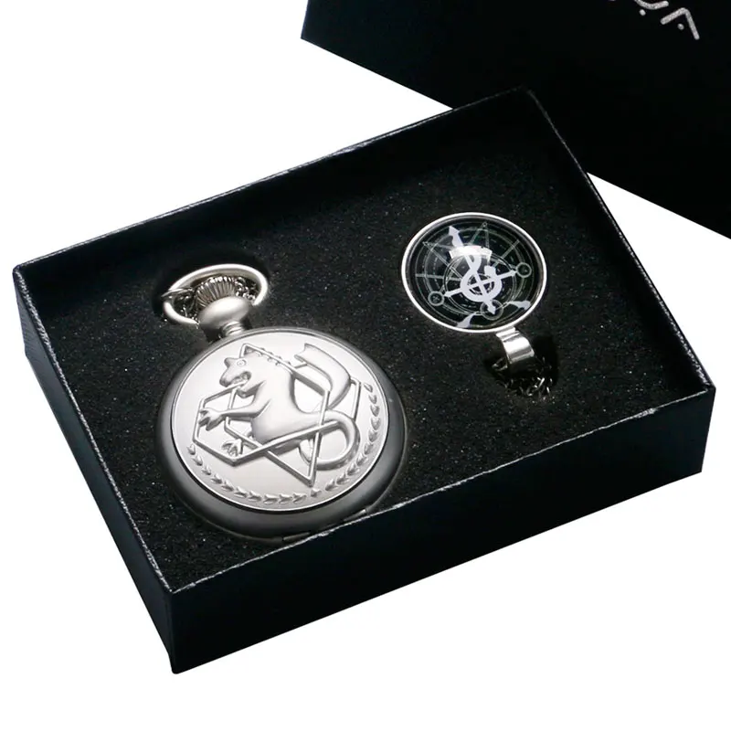 

Fashion Gifts for Children Fullmetal Alchemist Theme Edward Elric's Pocket Watch With Glass Dome Pendant Necklace & Gift Box