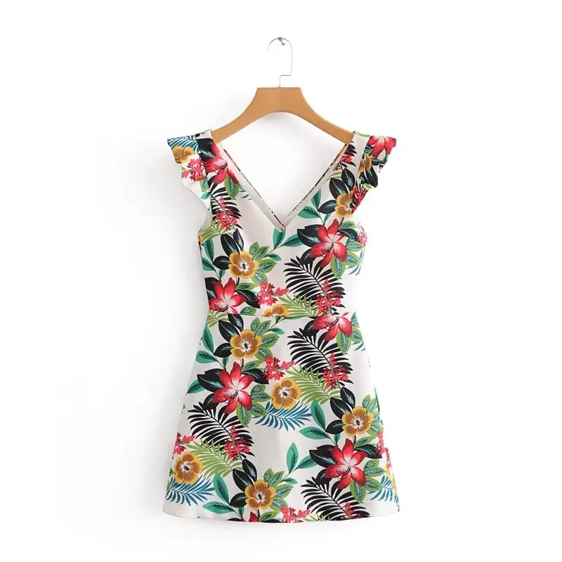 2018 women v neck tropical style printing ruffles slimming mini dress lady sexy backless vestidos casual beach chic dress DS805
2018 women v neck tropical style printing ruffles slimming mini dress lady sexy backless vestidos casual beach chic dress DS805
