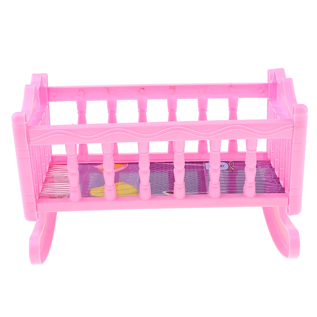 Sweet plastic rocking bed baby doll cradle model for 20cm dolls house or nursery bedroom furniture Pink