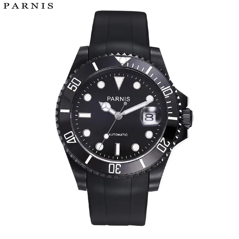 40mm Parnis Automatic Men Watch Diver Waterproof Mechanical Watch Man with Black Rubber Strap Ceramic Bezel 10ATM Siwm 
40mm Parnis Automatic Men Watch Diver Waterproof Mechanical Watch Man with Black Rubber Strap Ceramic Bezel 10ATM Siwm