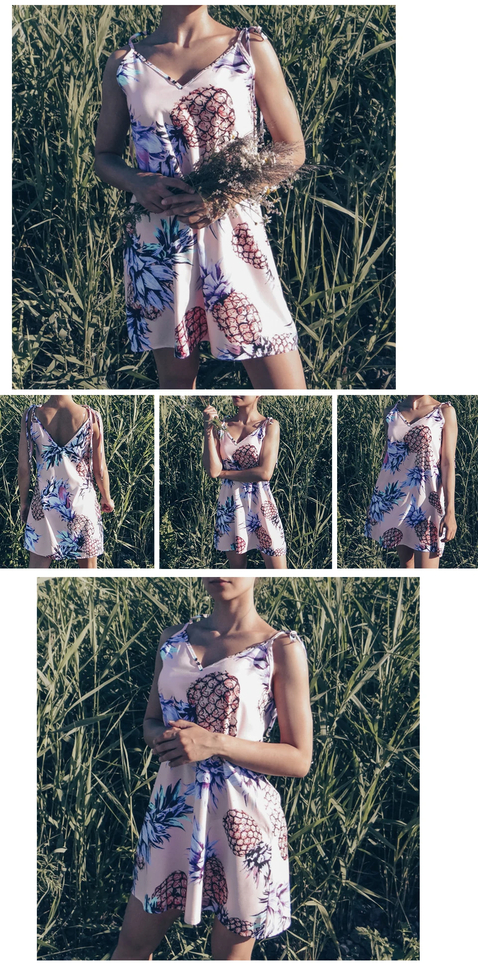 Pineapple Print V Neck Spaghetti Strap Dress