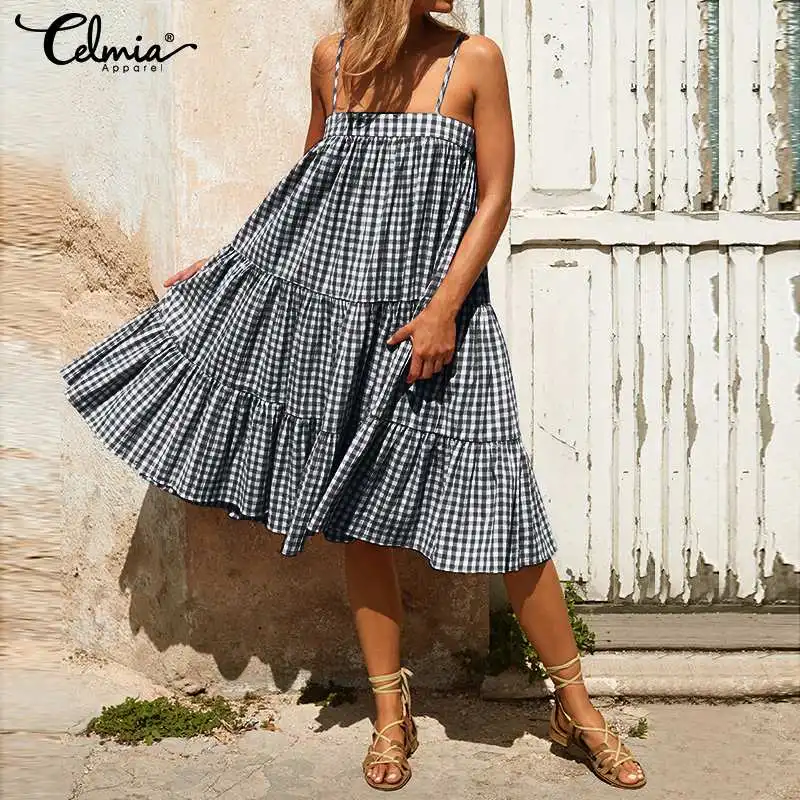 Women Dress 2019 Celmia Summer Sexy Strap Sleeveless Plaid Dresses Female Clothes Casual Loose Pleated Party Vestidos Plus Size
Women Dress 2019 Celmia Summer Sexy Strap Sleeveless Plaid Dresses Female Clothes Casual Loose Pleated Party Vestidos Plus Size