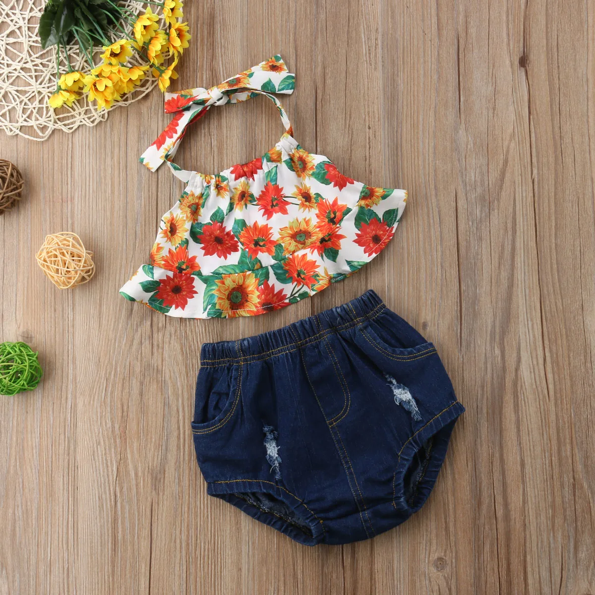 Summer Toddler Kid Baby Girl Clothes Sunflower Halter Tops+Pants 2PCS Outfit Set