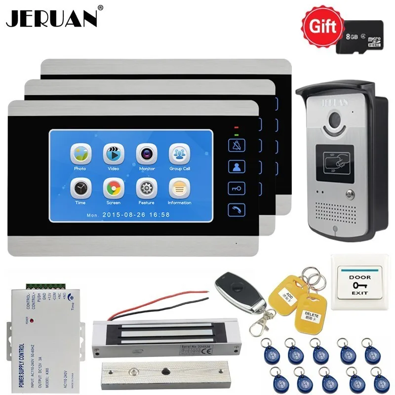 

JERUAN 7 Inch LCD Video Doorbell Door phone Voice/Video Recording Intercom System kit With 3 Monitors Metal RFID Access Camera