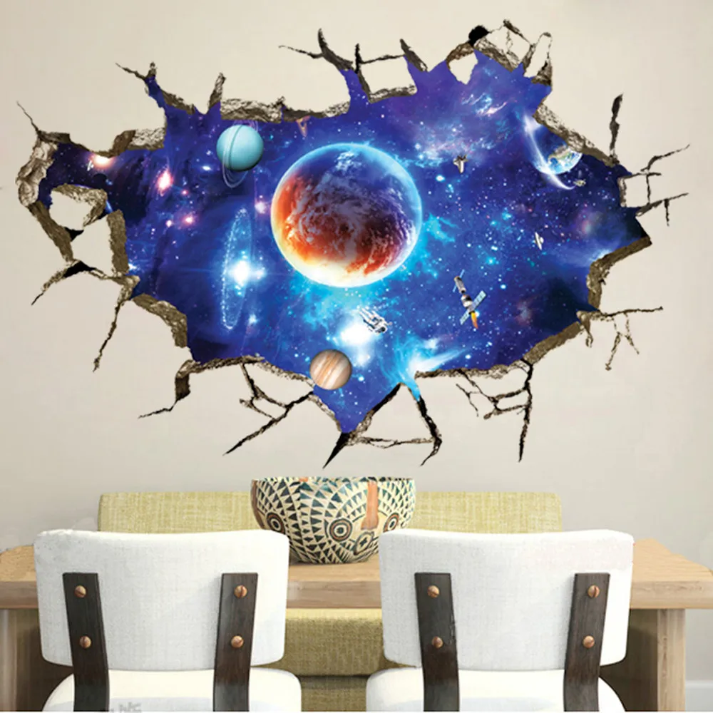 

3D Split Window View Space Planet Spaceship Wall Sticker Vinyl Removable Art Room Decal Science Fiction Mural Decor Stickers