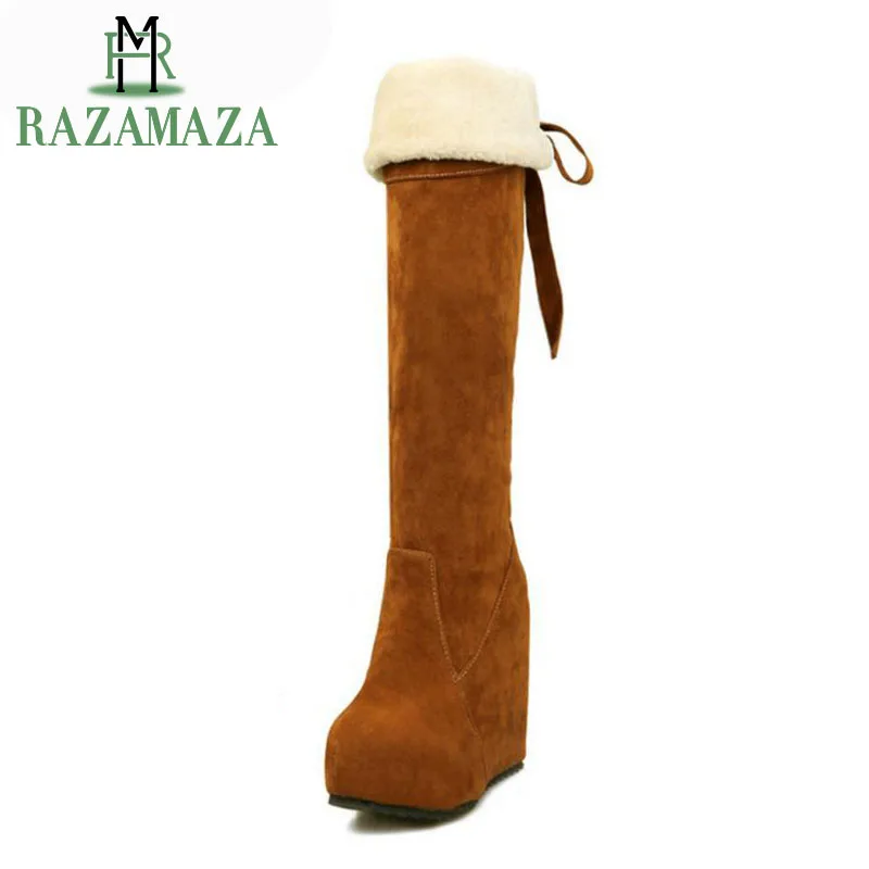 RAZAMAZA Sexy Womens Platform Wedges Boots Snow Plush Fur Knee High Boots Warm Winter Shoes Women Thick Fur Footwear Size 32-43
RAZAMAZA Sexy Womens Platform Wedges Boots Snow Plush Fur Knee High Boots Warm Winter Shoes Women Thick Fur Footwear Size 32-43