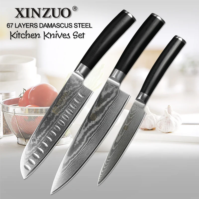 XINZUO 3 PCS Kitchen Knives Set VG10 Damascus Steel Professional Santoku Chef Utility Knife Accessories Cooking Tools G10 Handle
XINZUO 3 PCS Kitchen Knives Set VG10 Damascus Steel Professional Santoku Chef Utility Knife Accessories Cooking Tools G10 Handle