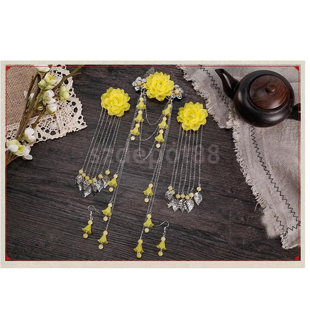 3 Pieces Costume Classic Flower Hair Clip Tassel Hair Barrette for Hanfu COS Hair Ornaments