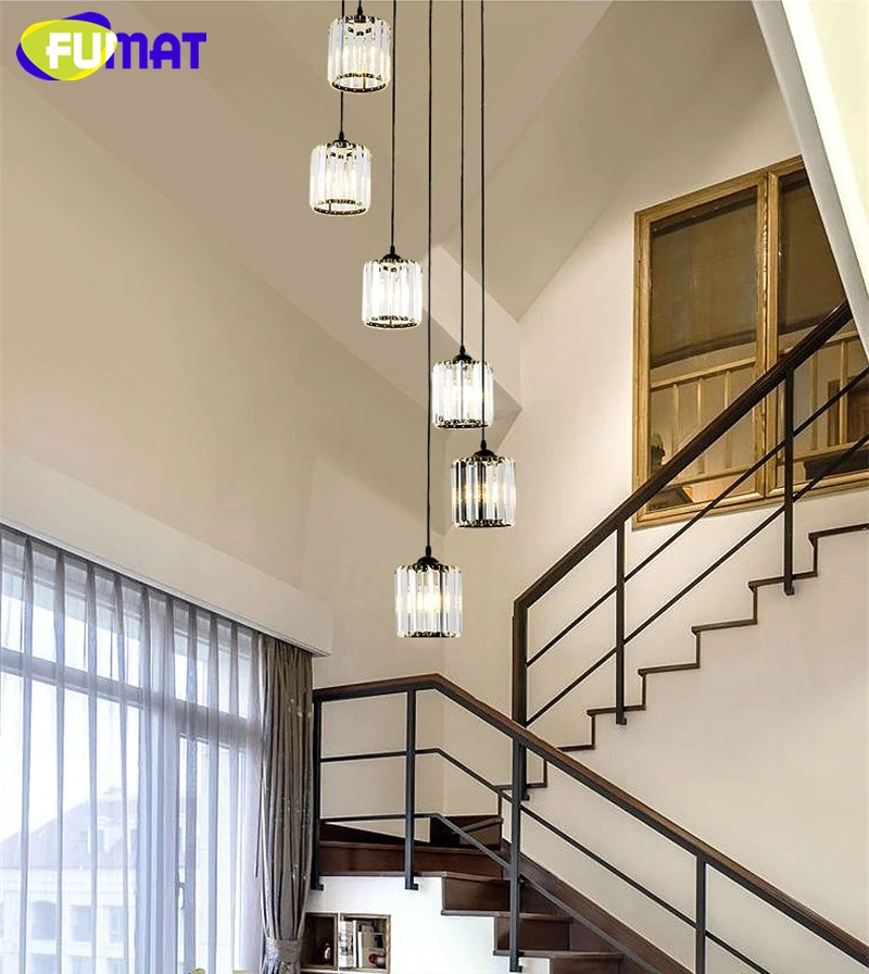 FUMAT Crystal K9 Stairs Rotation Ceiling Lamps Chandelier Lighting Hanging Lights LED Fixture American Modern Style Villa Stairs 77