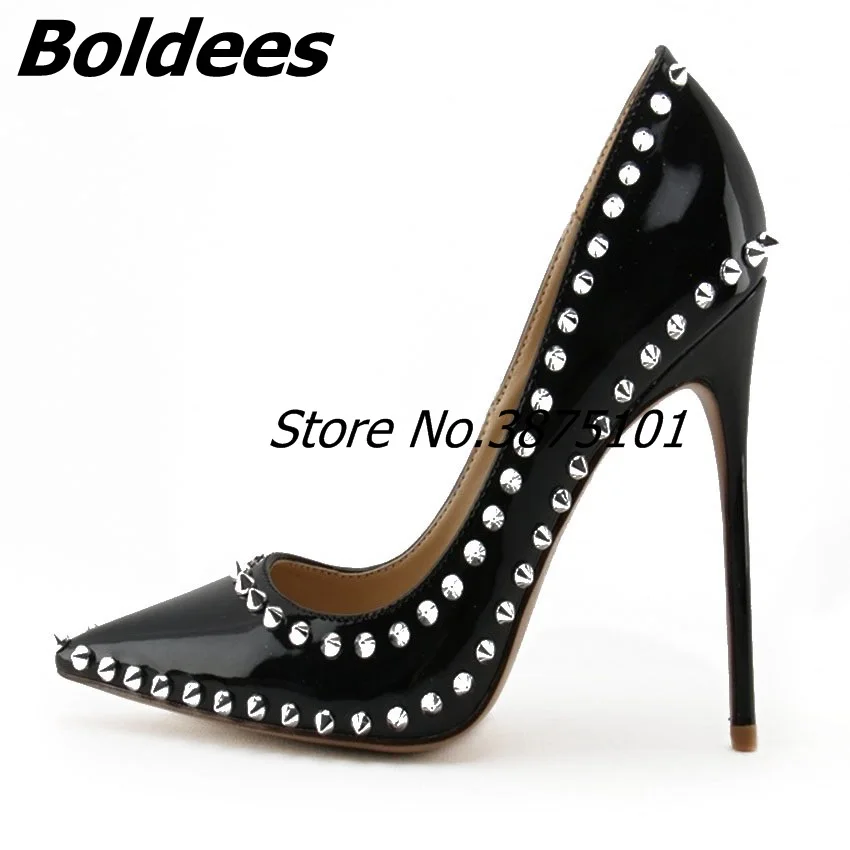 

Boldees Patent Leather Studded Heels 12cm Fashion Ladies Pumps Sexy Pointed toe Rivets Spiked High Heels Black Womens Pumps