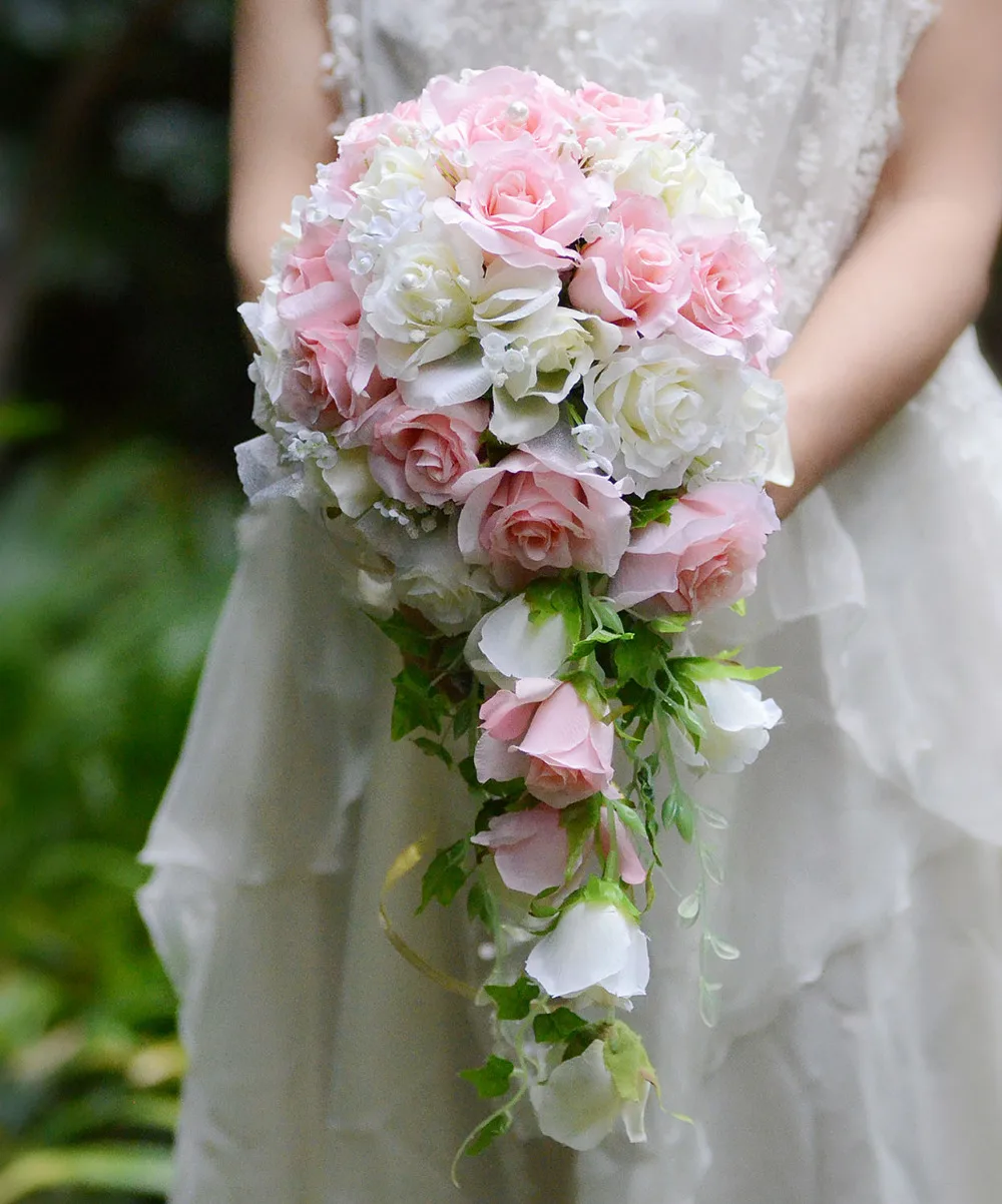 

pink white Vintage Artificial Flowers Waterfall Wedding Bouquets With Bridal Brooch Bouquets Brides Bouquet De Mariage 2018 hot