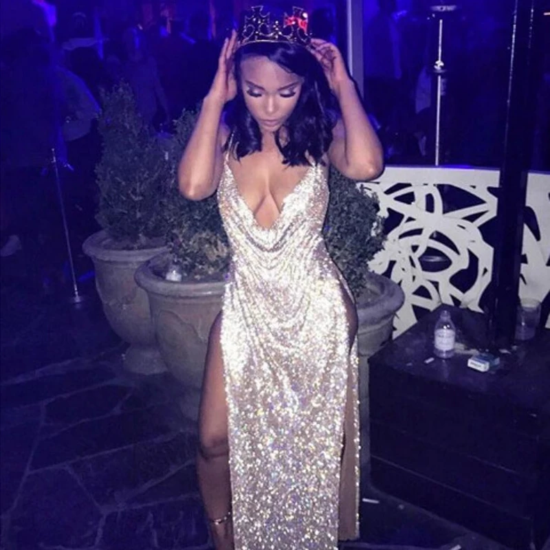 AKYZO 2018 Luxury Rhinestone Backless Metal Long Dress Women Deep V Spaghetti Straps Split Leg Nightclub Sexy Dress
AKYZO 2018 Luxury Rhinestone Backless Metal Long Dress Women Deep V Spaghetti Straps Split Leg Nightclub Sexy Dress