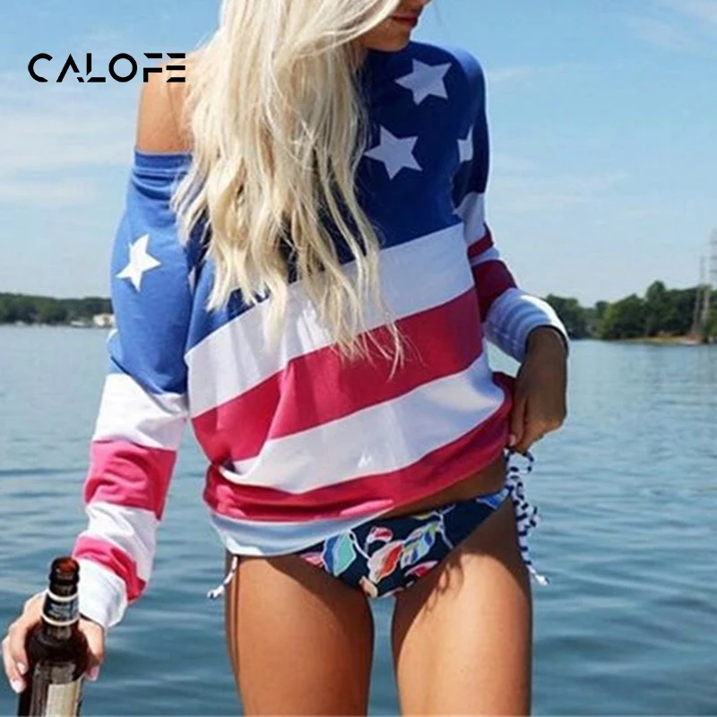 CALOFE Большие размеры женские футболки с открытыми плечами сексуальные свободные