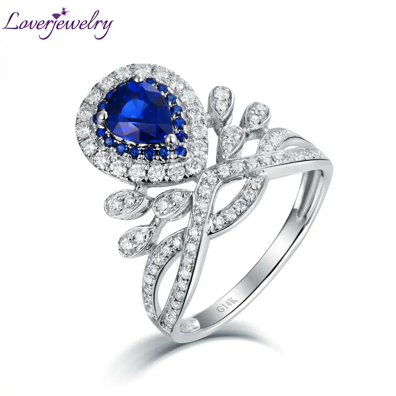 

Loverjewelry Royal Design Fine Jewelry Solid 14Kt White Gold Real Diamond Genuine Sapphire Wedding Promised Ring for Women