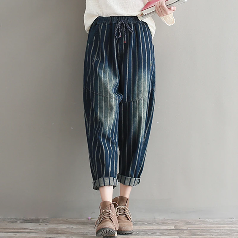 Women Denim Harem Pants Vintage Casual Loose Striped Drawstring Jeans Ankle-Length Pants Women Elastic Waist Trousers Vaqueros
Women Denim Harem Pants Vintage Casual Loose Striped Drawstring Jeans Ankle-Length Pants Women Elastic Waist Trousers Vaqueros