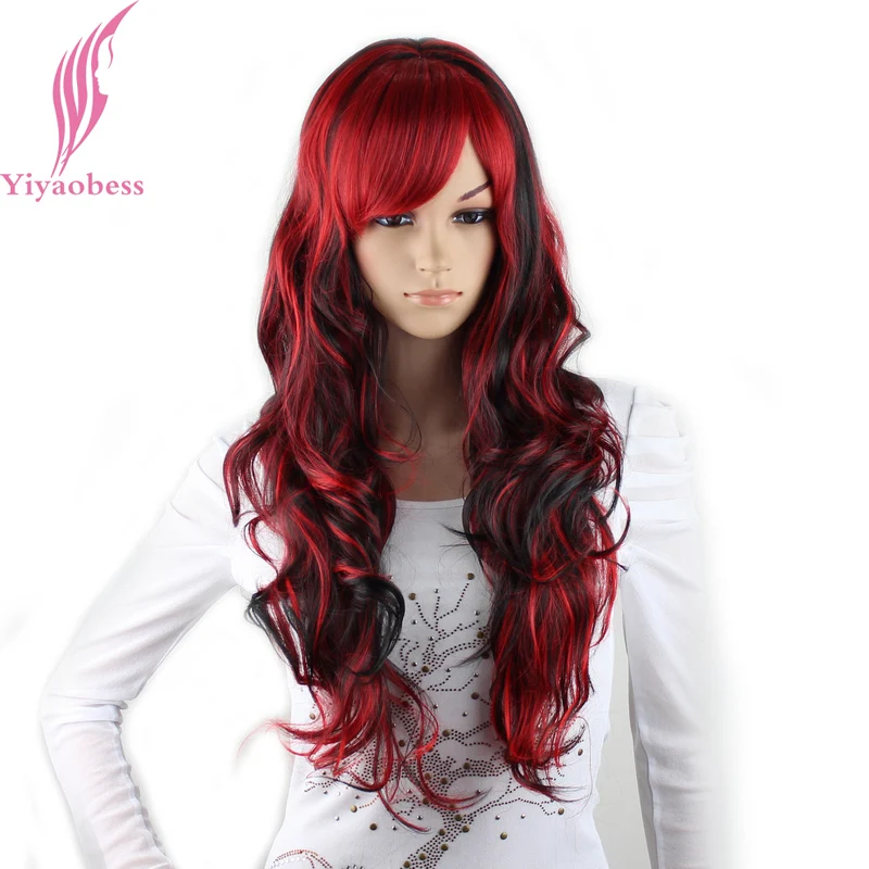 

Yiyaobess Synthetic Black Red Highlights Hair Wig With Bangs Halloween Costume Party Long Wavy Rainbow Colored Wigs For Women