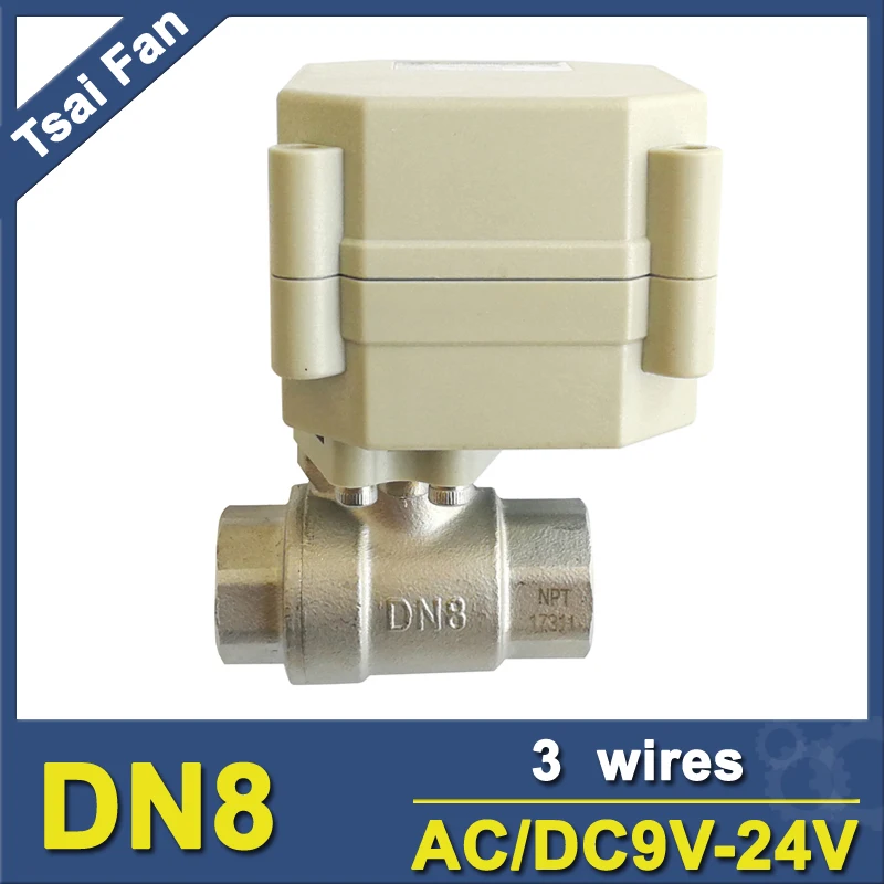 

Tsai Fan Motorized Ball Valve TF8-S2-A Metal Gear 2 Port AC/DC9V-24V 3/7 Wires BSP/NPT 1/4'' Stainless Steel Electric Valve CE