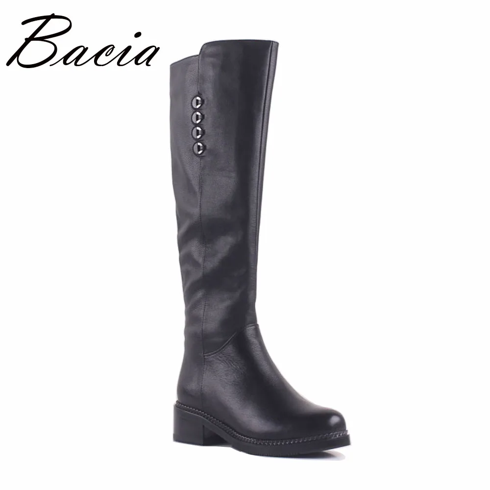 

Bacia Cow Leather Long Boots Short Plush Inside Fashion 4.3cm Thich Heel Woman Boots Black botas mujer Size 35-40 MA003