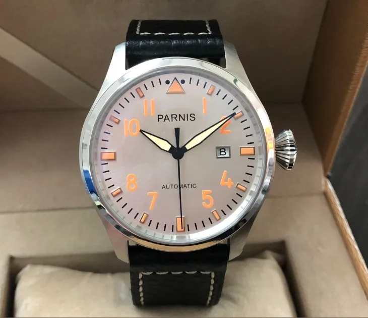 47mm PARNIS silvery-white dial Automatic Self-Wind movement Auto Date men watches luminous hands Mechanical watches PA90-P8
47mm PARNIS silvery-white dial Automatic Self-Wind movement Auto Date men watches luminous hands Mechanical watches PA90-P8