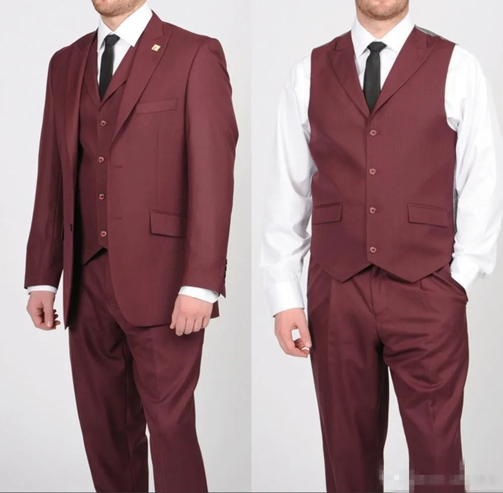 Wholesale Mens Custom Made Suits 3 Piece with Waistcoat Two Button Burgundy Tuxedos Personalized Groom Suits sarawan handsome new design