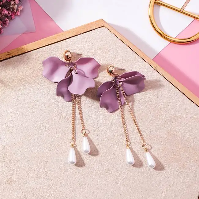 

MENGJIQIAO 2018 New Korean Trendy Jewelry Purple Petal Flower Long Pendientes Fashion Simulated Pearl Tassel Earrings For Women