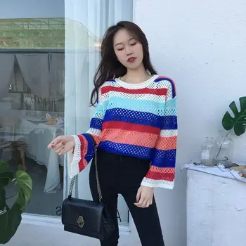Focal20 Streetwear Rainbow Stripes Hollow out Women Sweater Spring Autumn Long Flare Sleeve Casual Loose Thin Knitted Sweater
Focal20 Streetwear Rainbow Stripes Hollow out Women Sweater Spring Autumn Long Flare Sleeve Casual Loose Thin Knitted Sweater