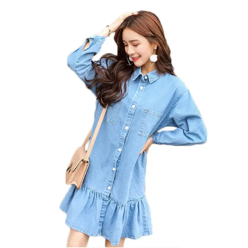 Korean Ruffled Fishtail Denim Dress Spring New Simple Solid Single-breasted Denim Shirt Dress Women Long Sleeve Vestidos f357
Korean Ruffled Fishtail Denim Dress Spring New Simple Solid Single-breasted Denim Shirt Dress Women Long Sleeve Vestidos f357