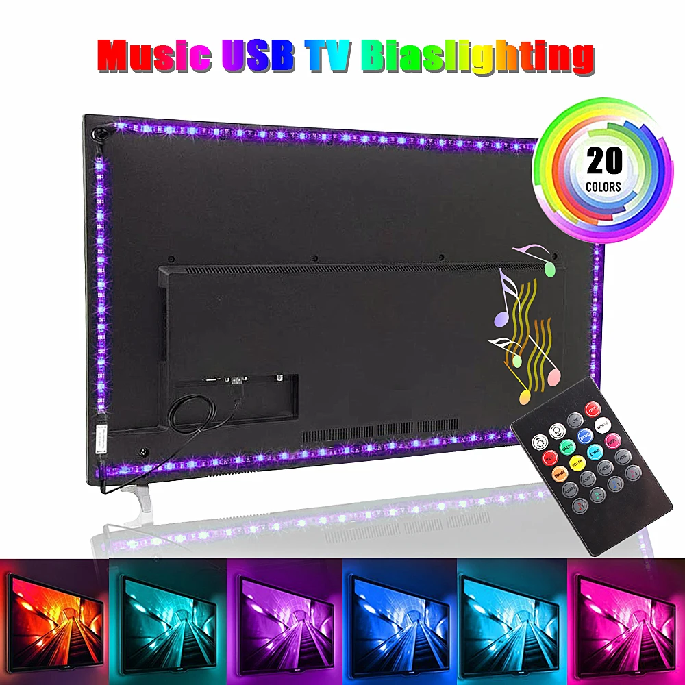 DC 5V USB LED Strip 5050 Non waterproof RGB LED Light Flexible 1M 2M add 20Key Remote Music Control For TV Background Lighting
DC 5V USB LED Strip 5050 Non waterproof RGB LED Light Flexible 1M 2M add 20Key Remote Music Control For TV Background Lighting