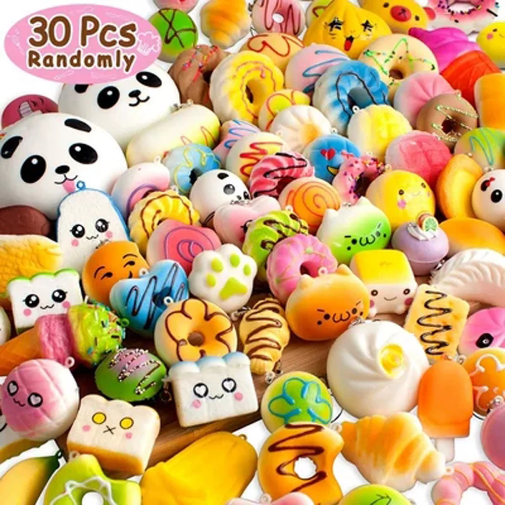 

30Pcs Random Kawaii Squashy Toys Phone Charm Key Bun Toy Slow Rising Antistress Simulation Bread Donut Charm Stretchy Squish Toy