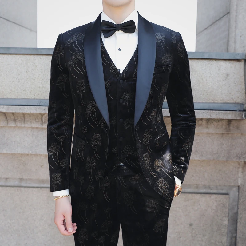 Фото Мужской деловой официальный бархатный костюм мужские блейзеры с принтом дизайн