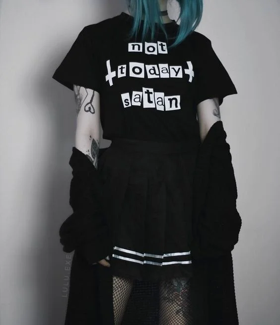 Not Today Satan Women Pastel Goth T-Shirt Japanese Fashion Grunge Black Tee Cool Summer fashion graphic slogan tumblr goth Tops
Not Today Satan Women Pastel Goth T-Shirt Japanese Fashion Grunge Black Tee Cool Summer fashion graphic slogan tumblr goth Tops