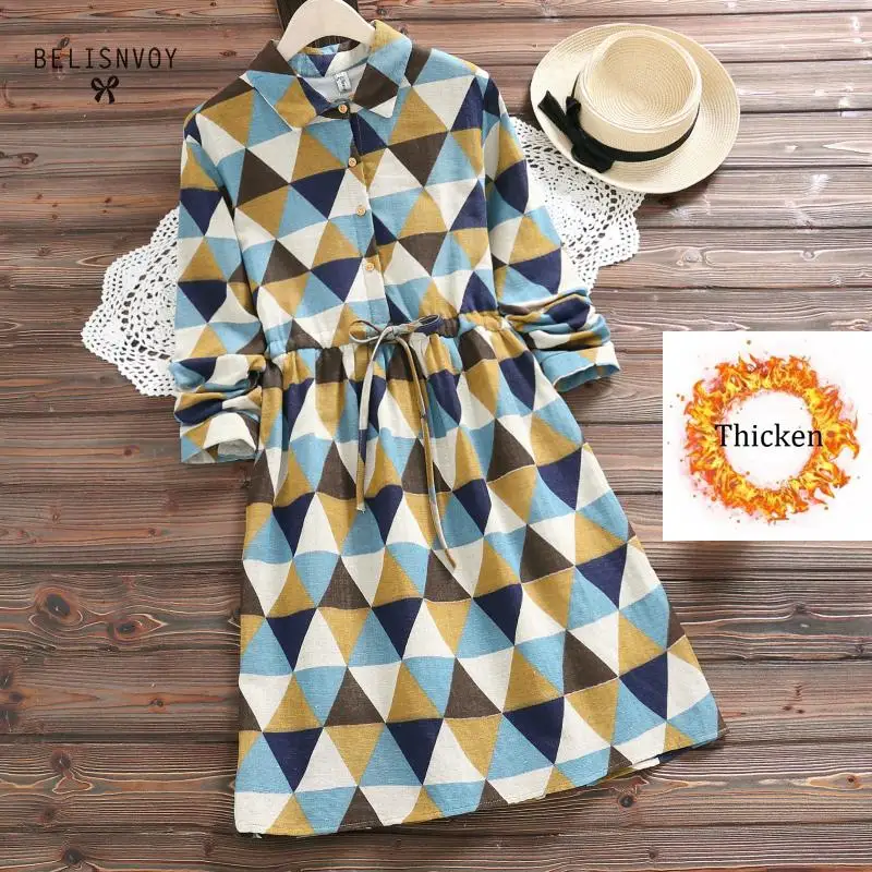 Mori Girl Fleece Thicken Winter Dress Women Turn-Down Collar Long Sleeve Geometric Print Cotton Linen Ladies Slim Vintage Dress
Mori Girl Fleece Thicken Winter Dress Women Turn-Down Collar Long Sleeve Geometric Print Cotton Linen Ladies Slim Vintage Dress