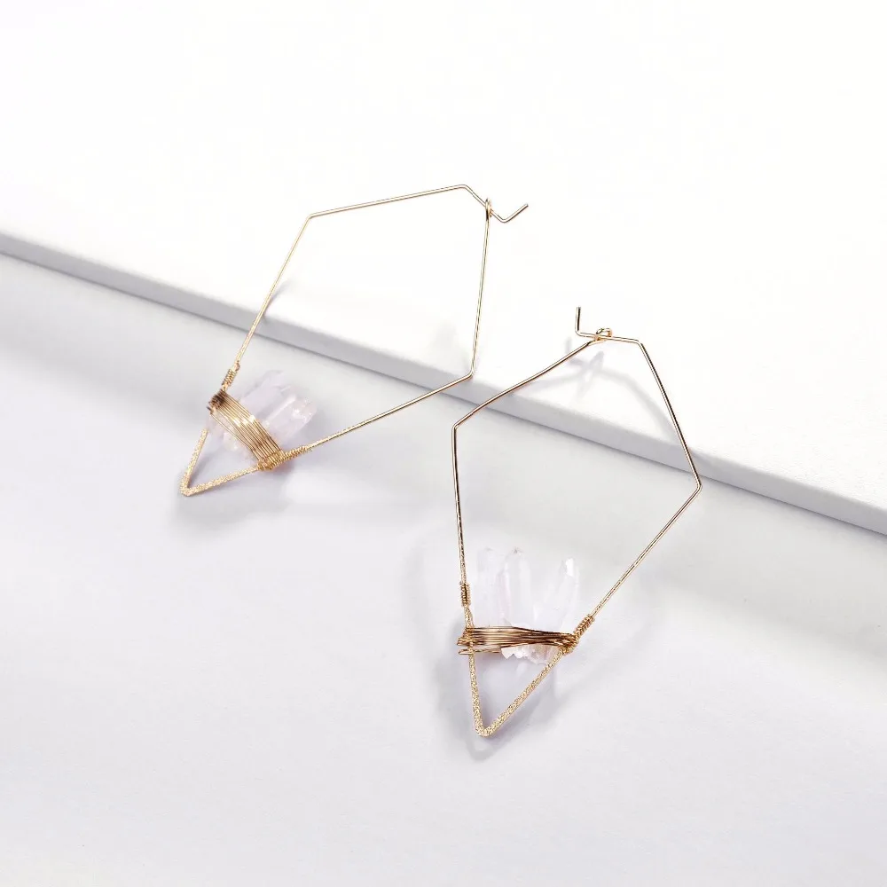 Fashion Gold Plating Geometric rhombic Copper Wire Hoop Earring With Natural Quartz Stone Earrings for Women
Fashion Gold Plating Geometric rhombic Copper Wire Hoop Earring With Natural Quartz Stone Earrings for Women