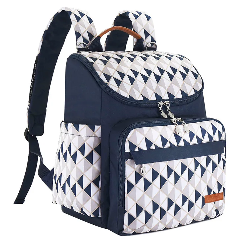 White&Blue Triangle Grid Flower Printed Square Vertical Section Mummy Diaper Bags Zipper Pocket Canvas Casual Backpack 15