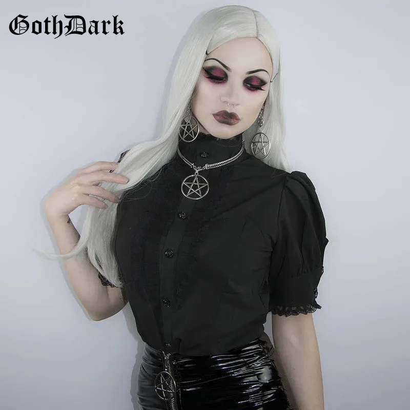 Goth Dark Black Shirt Women Turtleneck Lace Patchwork Puff Sleeve Gothic Shirt Black Harajuku Female Ladies 2019 Summer Shirt
Goth Dark Black Shirt Women Turtleneck Lace Patchwork Puff Sleeve Gothic Shirt Black Harajuku Female Ladies 2019 Summer Shirt